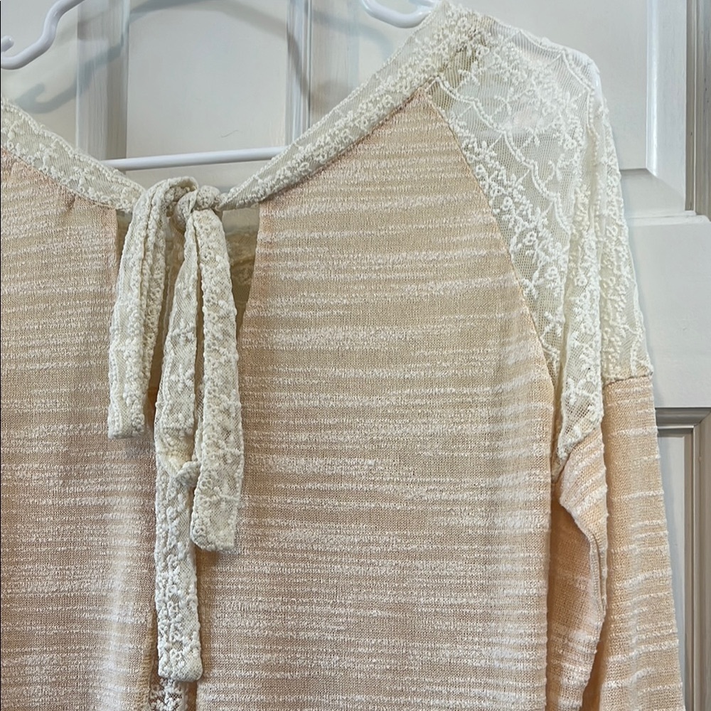 Anthropologie Hazel Peach Cream Lace Insert Bow Tie Back Blouse - Size XS - Picture 11 of 15